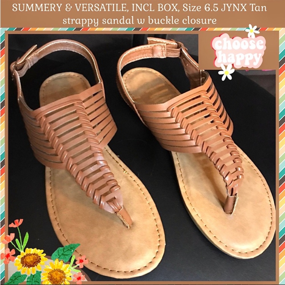 Sz 6.5 TAN STRAPPY UPPER SANDAL W BUCKLE CLOSURE. VERSATILE. GUC